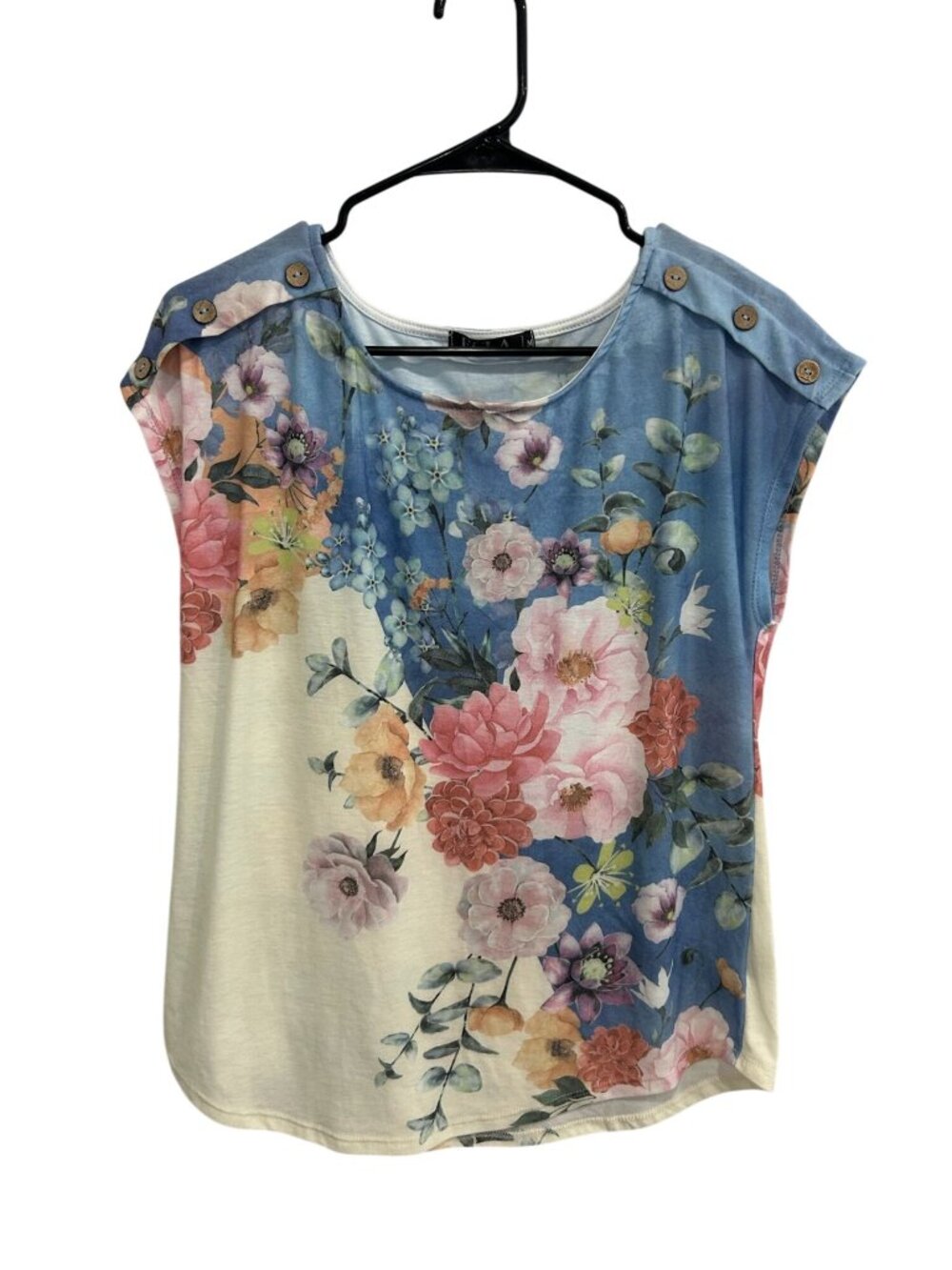 Ecla Medium Blue Cream Floral Cap Sleeve Top Button Detail Boho Cottagecore